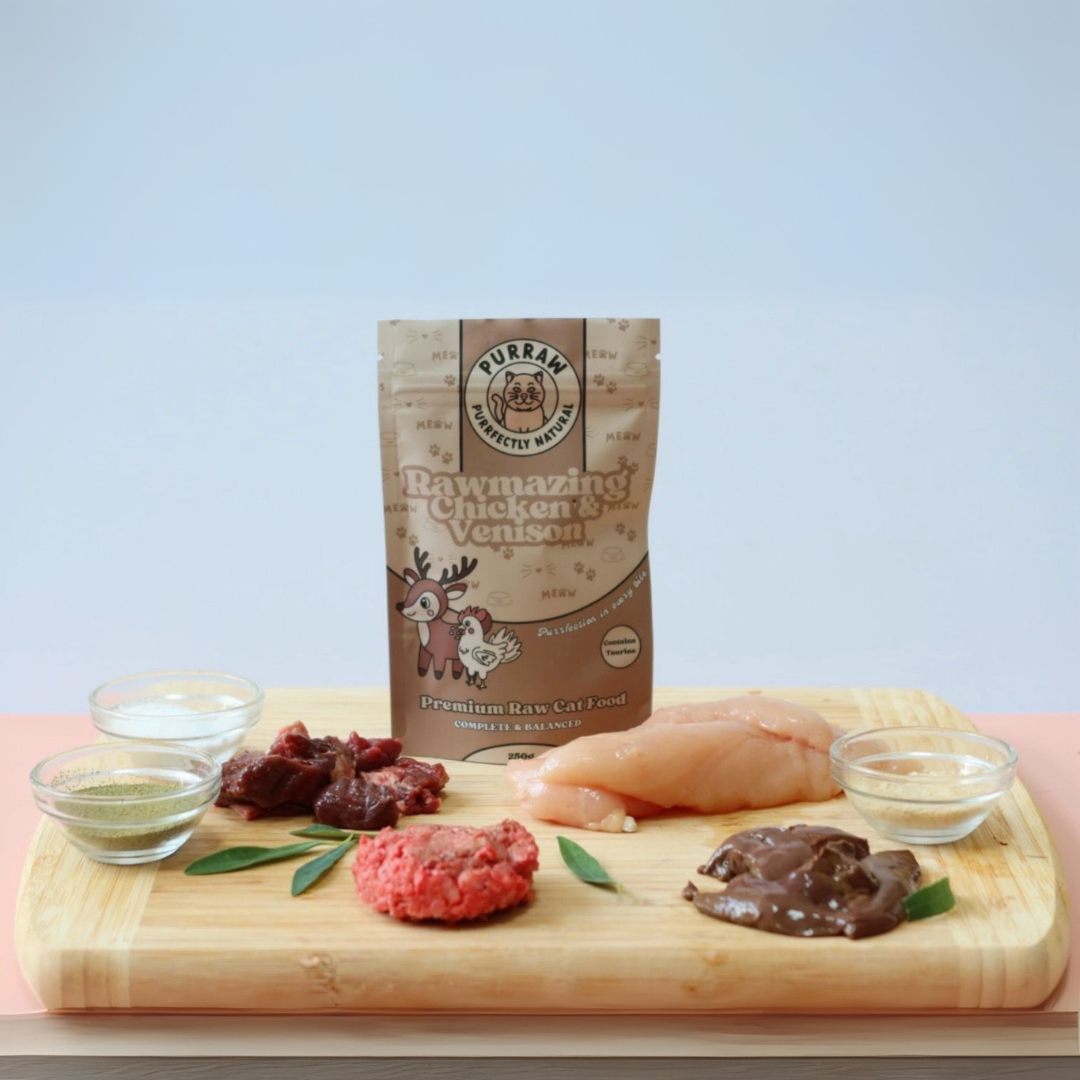 Purraw chicken and venison premium raw cat food with ingredients