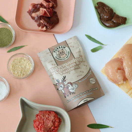 Chicken and Venison Raw premium cat food flat lay with ingredients 