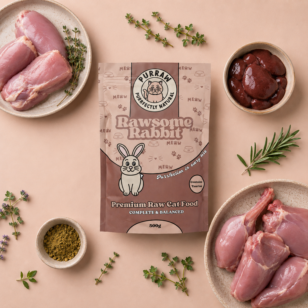 Rabbit Premium Complete Raw Cat Food 500g for Cats & Kittens