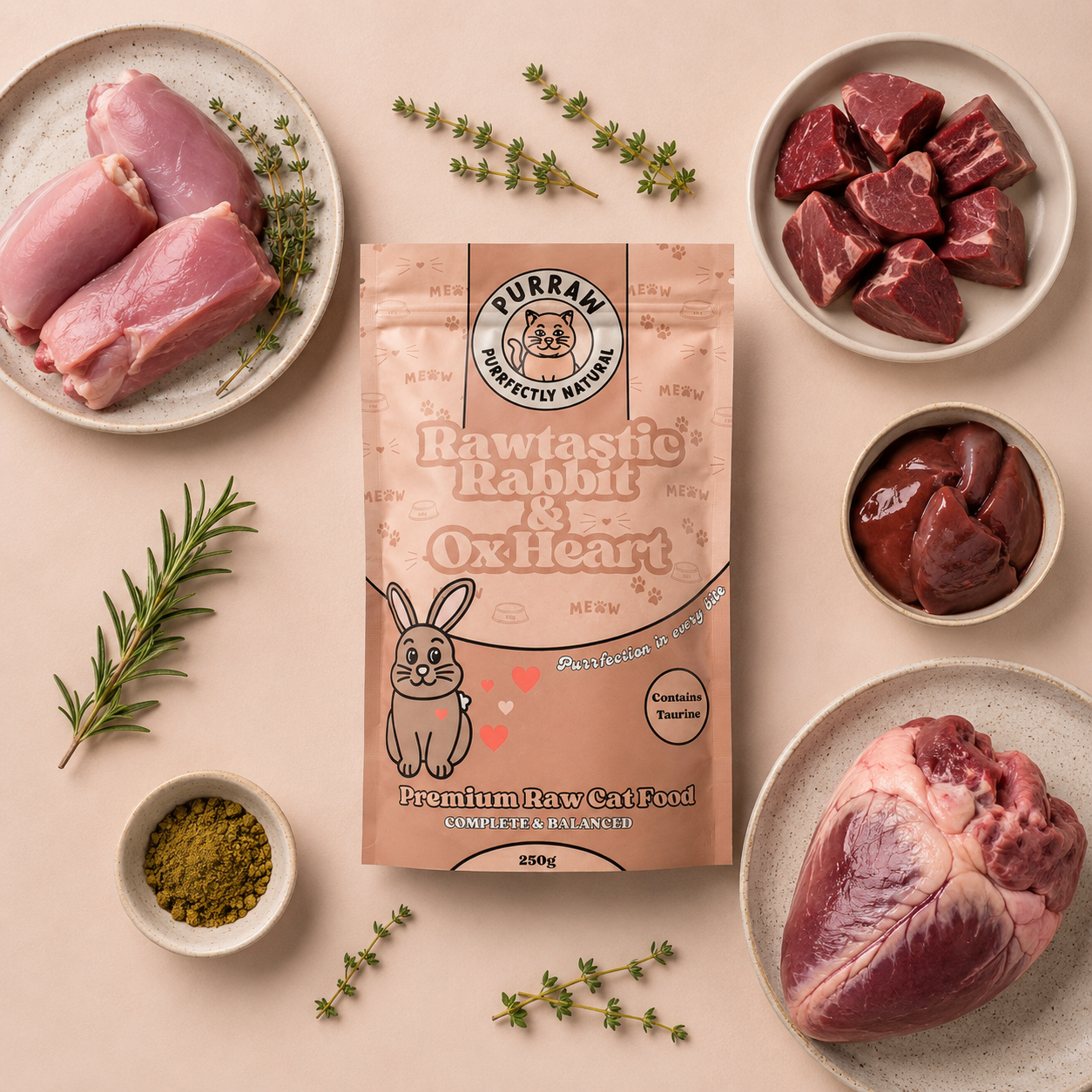 Rabbit & Ox Heart Premium Complete Raw Cat Food 250g for Cats & Kittens