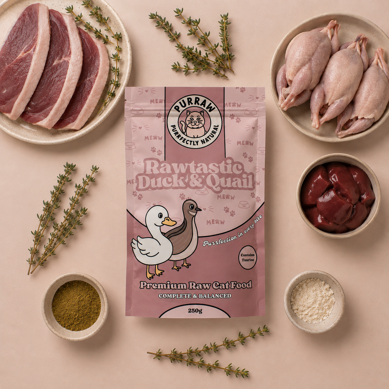 Duck & Quail Premium Complete Raw Cat Food 250g for Cats & Kittens