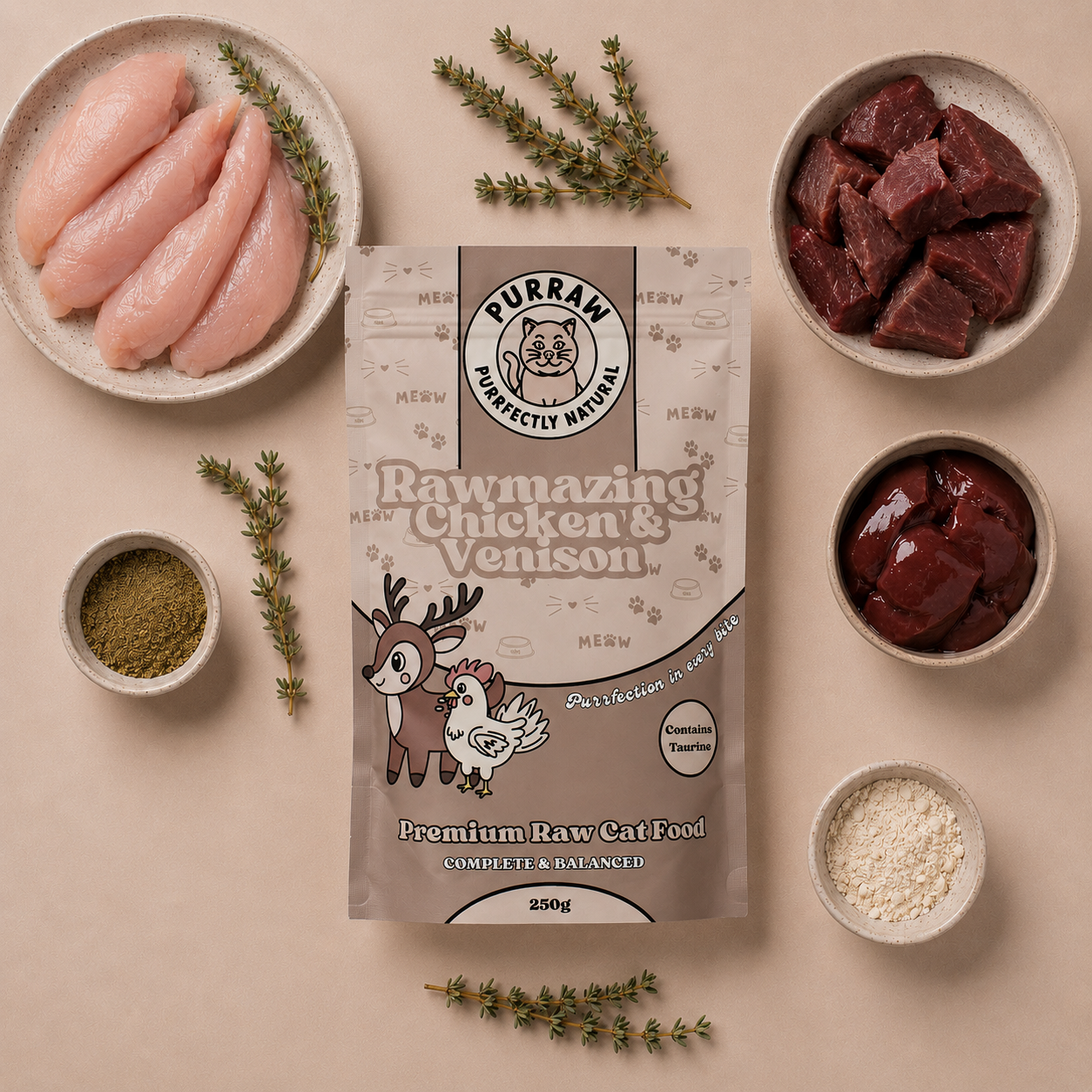 Chicken & Venison Premium Complete Raw Cat Food 250g for Cats & Kittens